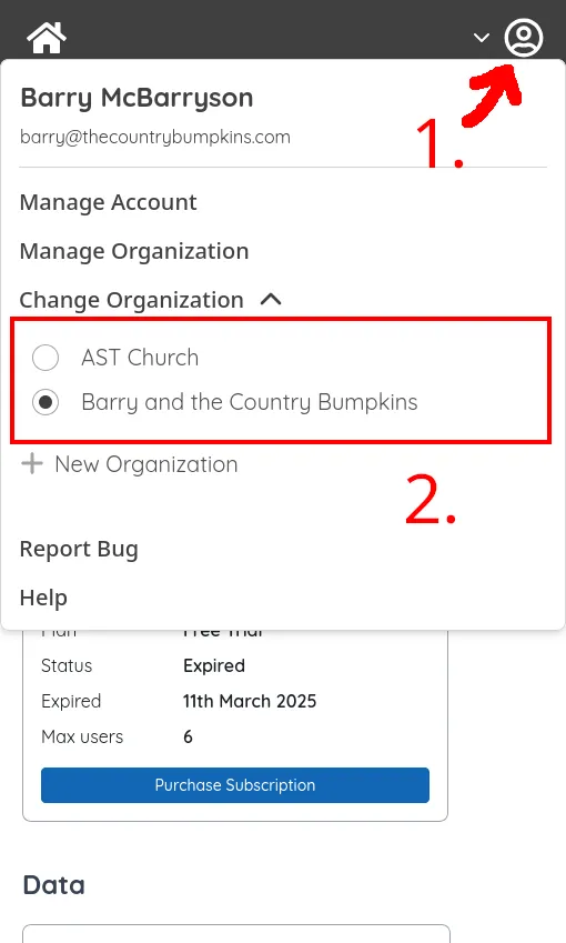 SongbookPro Groups on mobile. An arrow labelled '1.' points to the settings button and an arrow labelled '2.' points to a list of organizations.