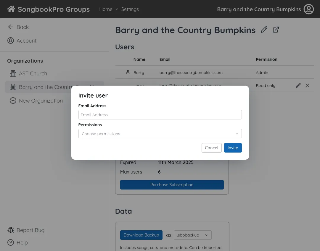 A popup titled 'Invite User'. There is a text box labelled 'Email' and a dropdown labelled 'Permission'. There is a button at the bottom labelled 'Send Invite'.