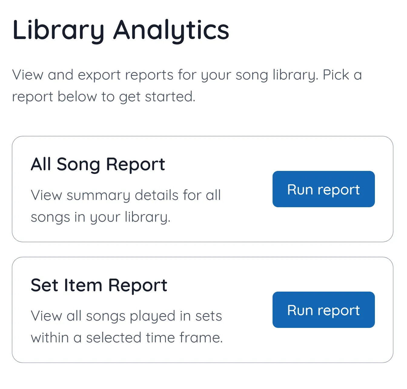 The interface for the Library Analytics page in SongbookPro Groups.