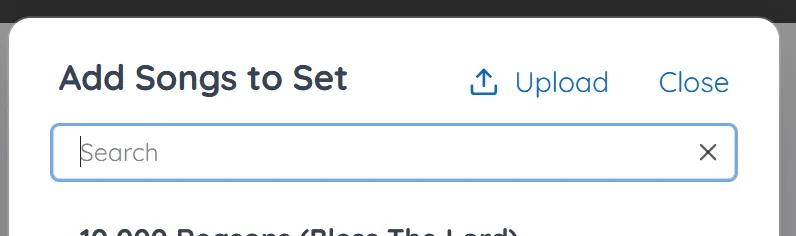 The interface for uploading a song while creating a set in SongbookPro Groups.